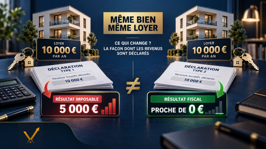 Comparaison entre deux locations meublées avec 10 000 € de recettes annuelles et des résultats fiscaux différents selon le régime choisi.